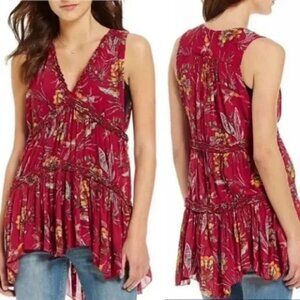 FREE PEOPLE Purple Haze Printed Tunic Top Boho Floral Hummingbird Tiered Red XS